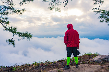 traveler or man waiting sunrise and mist at Phu kradueng nationa, a Nature Photo by Casanowe-studio