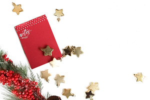 Festive Ornaments + Notepad Flatlay