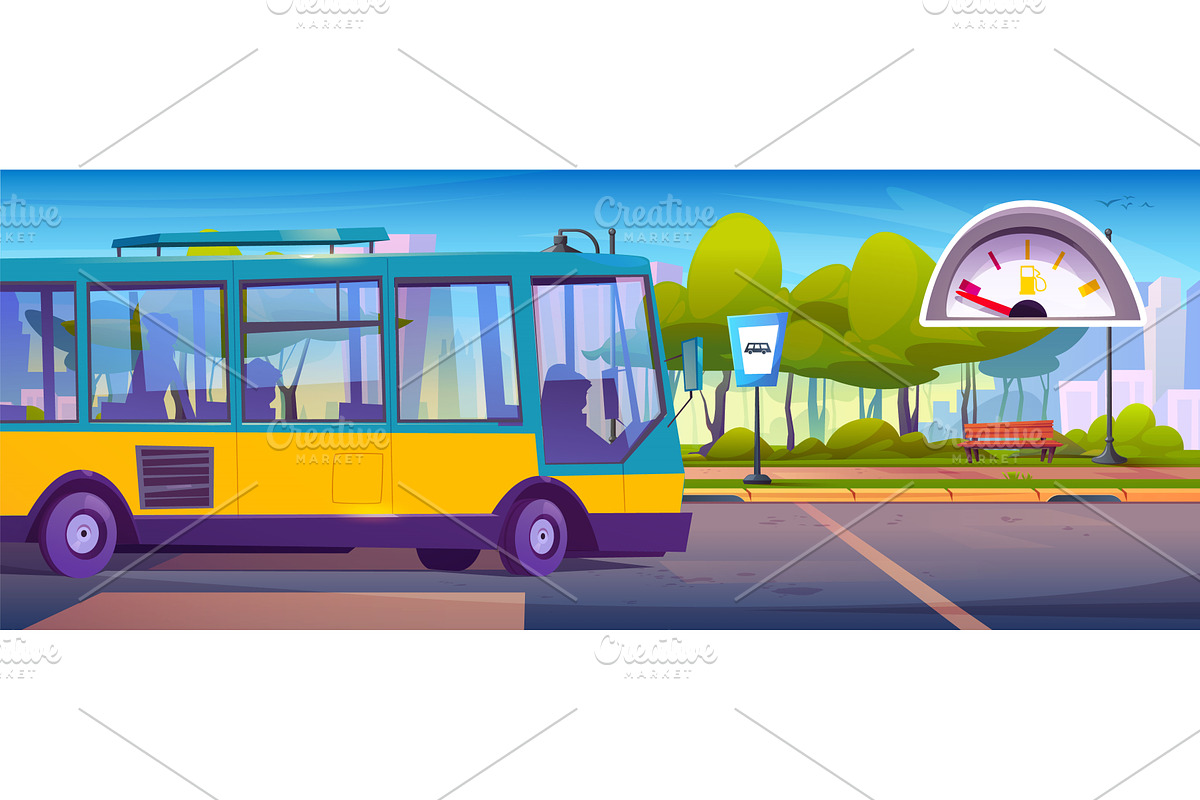 Empty bus waits at stop with, a Transportation Illustration by art PVP - market