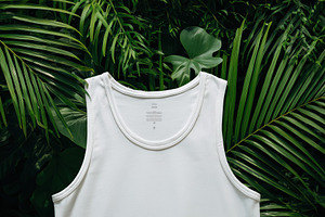 A plain white tank top mockup displayed against a lush green tropical backgroun