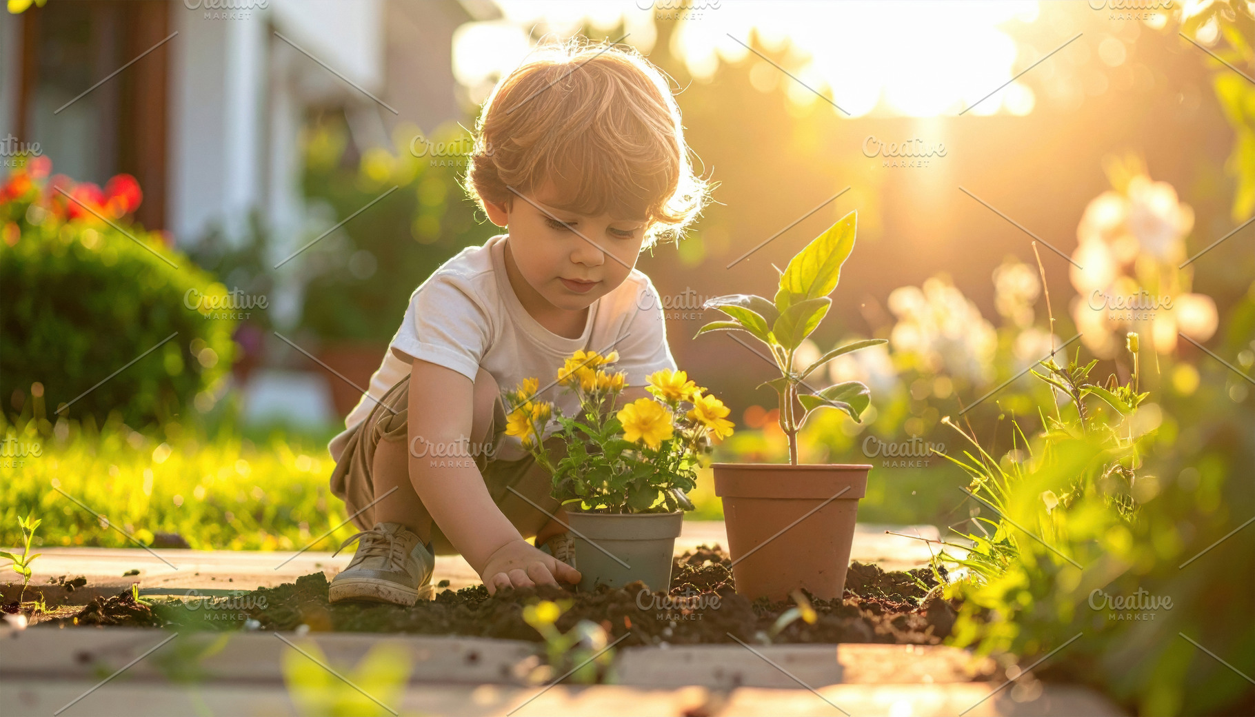 Toddler Planting Flowers in Sunny Garden, a Person Photo by Davizro's Market