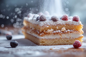 A delicious layered cake topped with fresh raspberries and blueb, a Food & Drink Photo by ImageMir