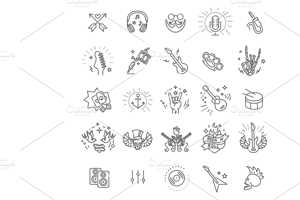 Rock and Roll line icon set. Vector, an Object Illustration by Tettygreen