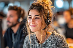 Smiling woman in headset at office c, a Photo by Pixeness Studio