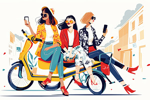 Three stylish women enjoying a ride on a colorful scooter in the city, a Photo by AS photostudio