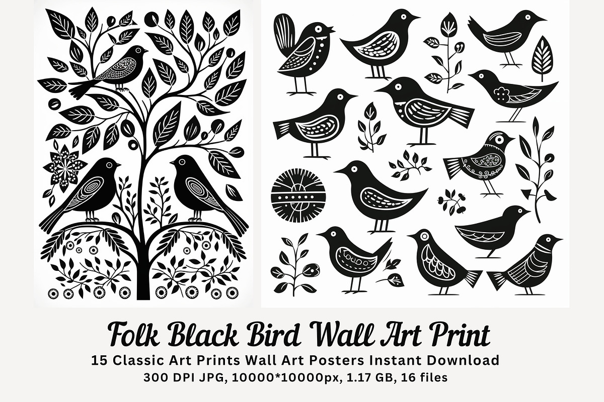 15 folk black bird wall art print, a Decorative Illustration by ARTOZEN DIGITAL (Photo 1 of 12)