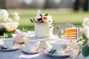 Outdoor tea party setting with elegant cake, sliced dessert, tea, a Photo by Studio ANNA