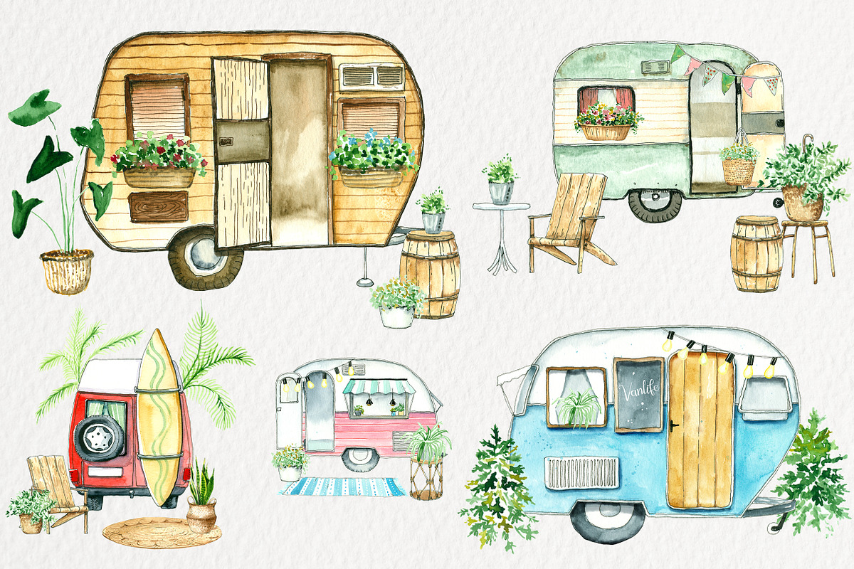 Vanlife. Watercolor illustrations., a Transportation Illustration by iri-illustration (Photo 6 of 9)
