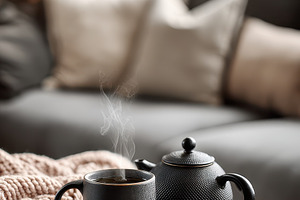 Cozy autumn tea steaming mug teapot, a Photo by Pixeness Studio