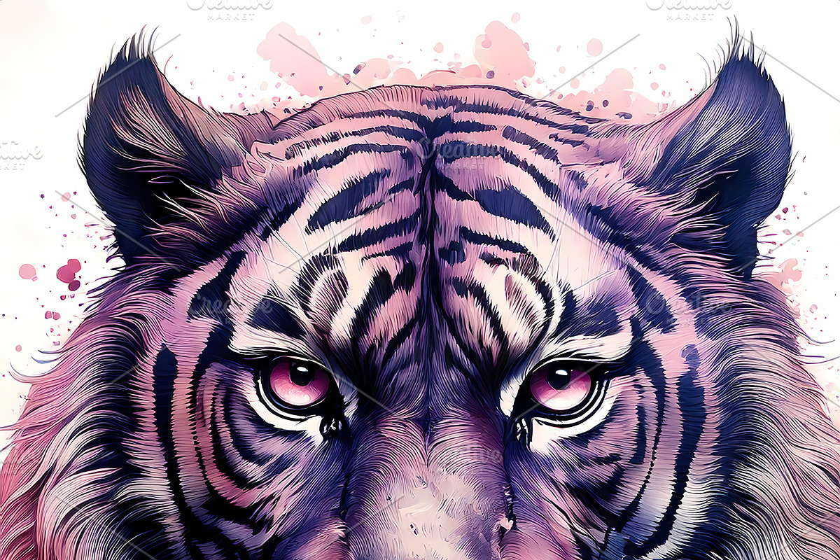 Majestic roaring tiger portrait with intense pink and purple ton, an Animal Illustration by GoodGoods