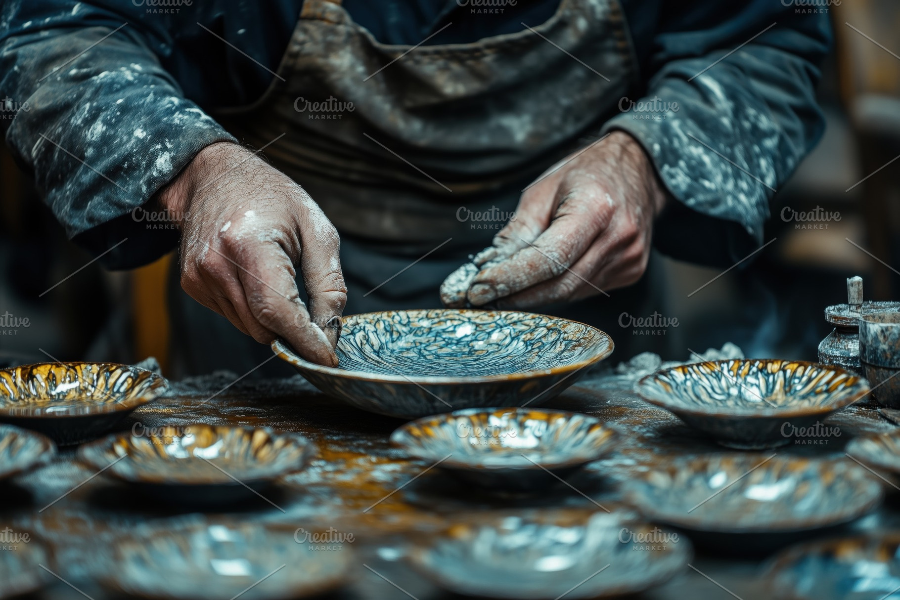 A craftsman carefully arranging beautifully crafted ceramic plates with intrica, a Photo by Textures & Backgrounds