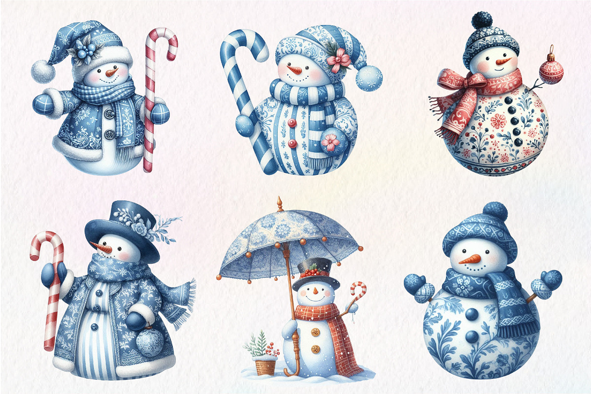 Christmas Blue Toile Snowman Clipart, an Illustration by Dream Creation (Photo 4 of 7)