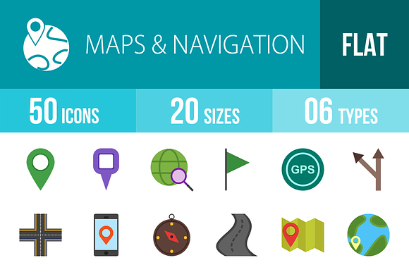 50 Maps Flat Multicolor Icons