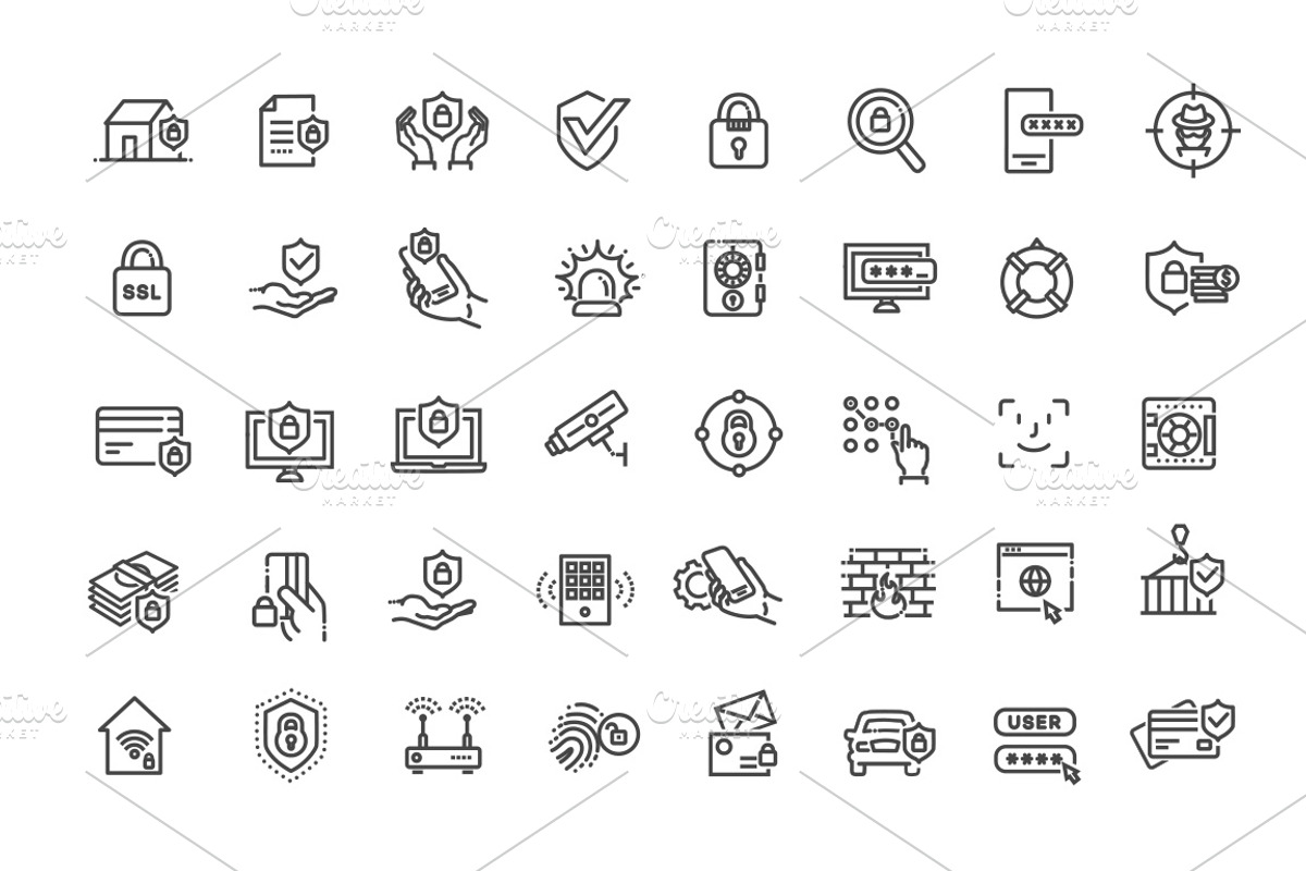 Security Icons. Safety symbols, an Outline Icon by Tettygreen (Photo 1 of 2)