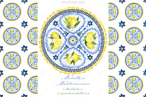 Blue Mediterranean Lemons Medallion, a Decorative Illustration by LABFcreations
