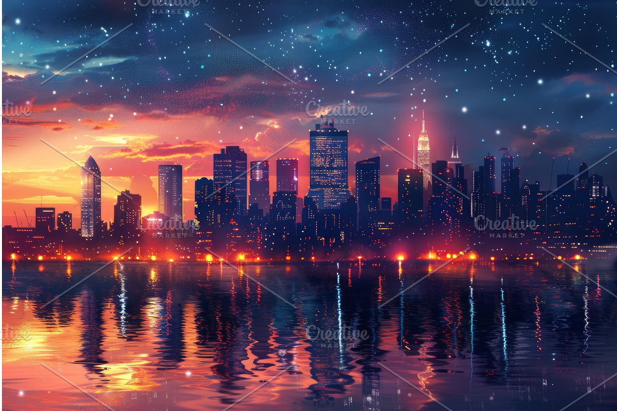Futuristic city skyline at twilight, an Object Illustration by Ylivdesign