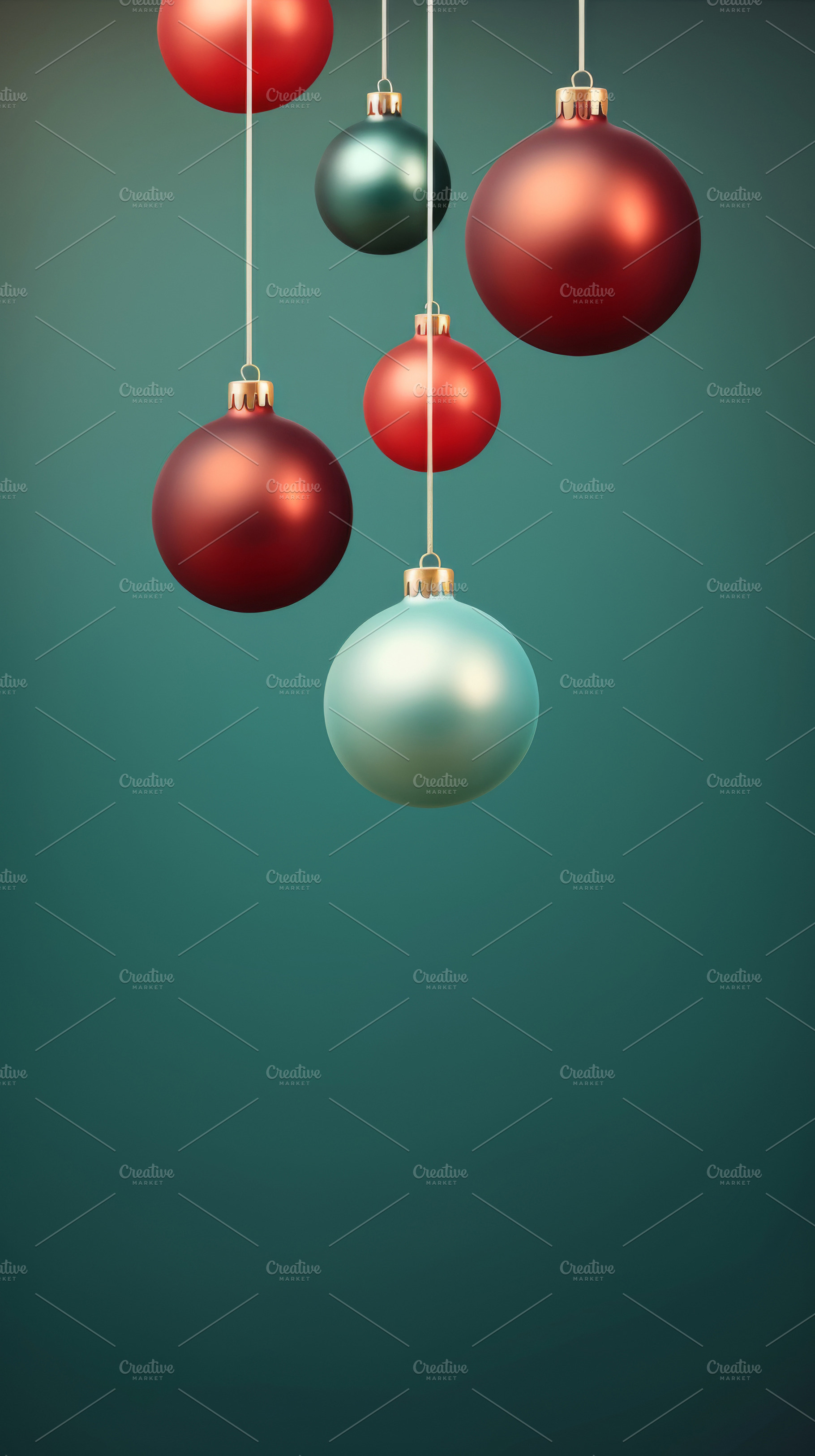 Christmas red and green matte ornaments on teal green background, a Photo by Dvoevnore photos