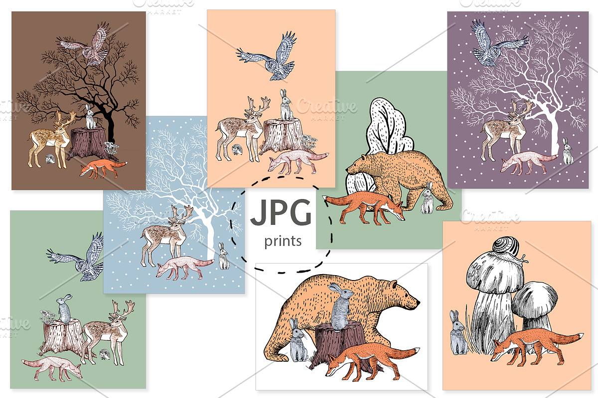 Forest animals, trees, mushrooms., an Animal Illustration by lilisavelieva (Photo 6 of 6)