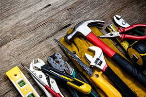 Standard construction safety stock photo containing tools and wooden