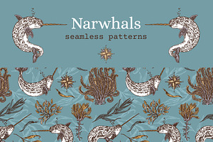 Narwhals. Seamless patterns.