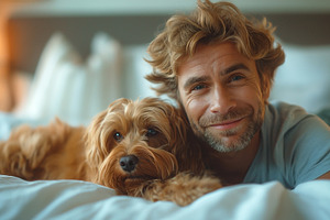 A smiling Caucasian man relaxes on a bed with his adorable golden dog, showcasi, a Person Photo by ImageMir