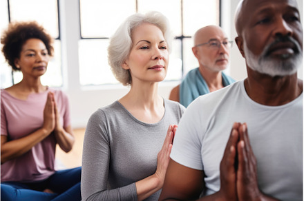 shot of a diverse group meditating, a Person Photo by Sergey Kotenev