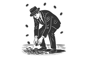Businessman Collecting Falling Coins, a Person Illustration by AlexArt
