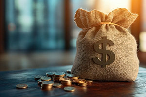 Burlap bag with dollar symbol and banknotes on wooden table, a Business Photo by AlyaAnd