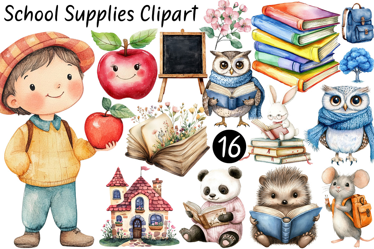Watercolor School Supplies Clipart, a Seasonal Illustration by CitraGraphics (Photo 1 of 6)