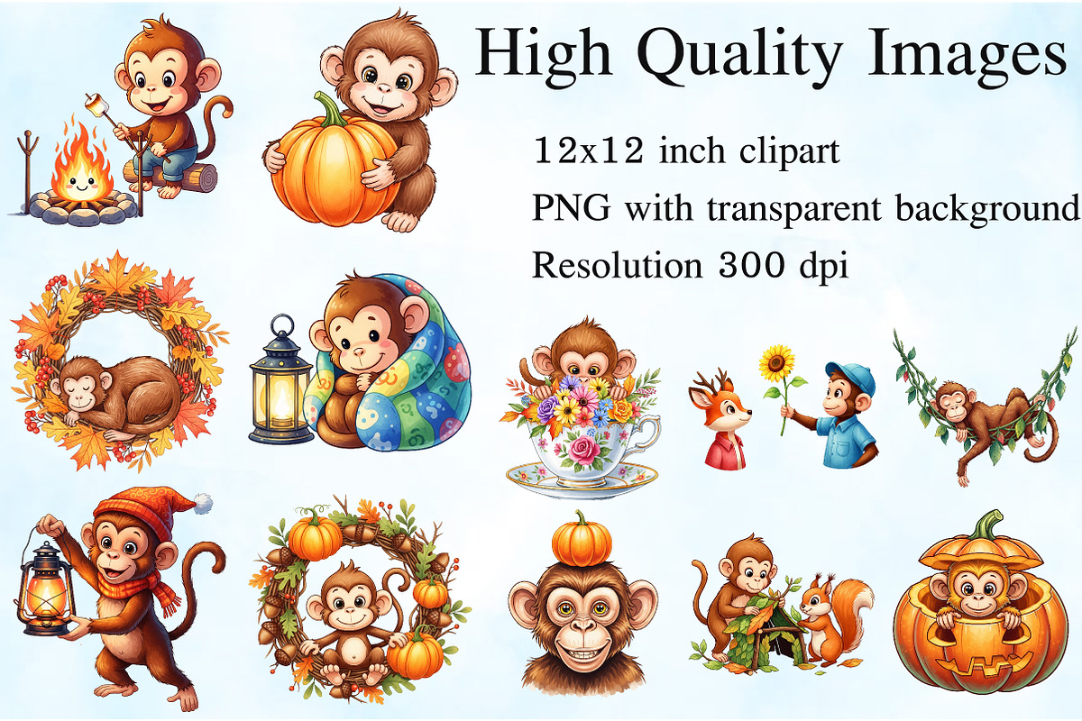 Watercolor Autumn Monkey Clipart, an Illustration by Craft Nest (Photo 3 of 6)