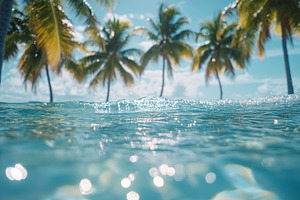 Serene view of turquoise water with palm trees in the background, evoking a pea, a Background Photo by ImageMir