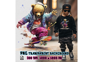 Teddy Bear Playing Skateboard. Png.