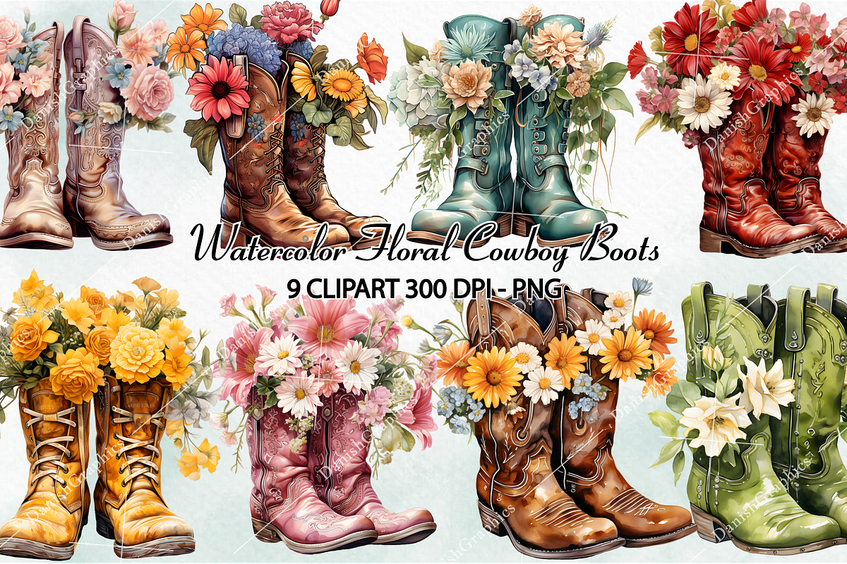 Western Floral Cowboy Boots Clipart, a Decorative Illustration by danishgraphics (Photo 1 of 6)