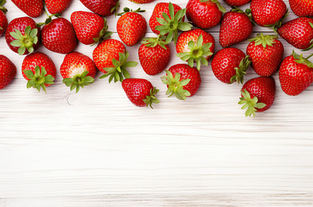 Red ripe strawberries on white wooden background, a Photo by AlyaAnd