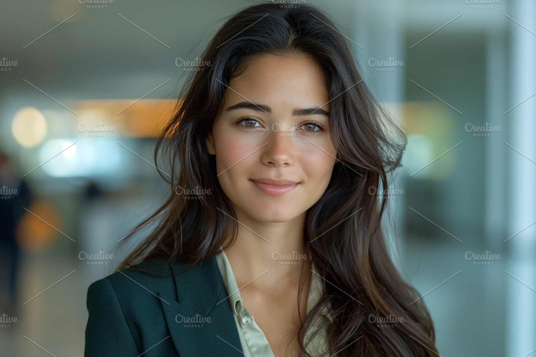 A young adult woman with long, dark hair, smiles confidently while wearing a bl, a Person Photo by ImageMir