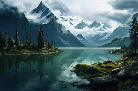 Mountain landscape with lake and for, a Photo by Iftikhar Alam