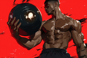 Muscular athlete holding a weight ball on bold red artistic background, an Illustration by AS photostudio