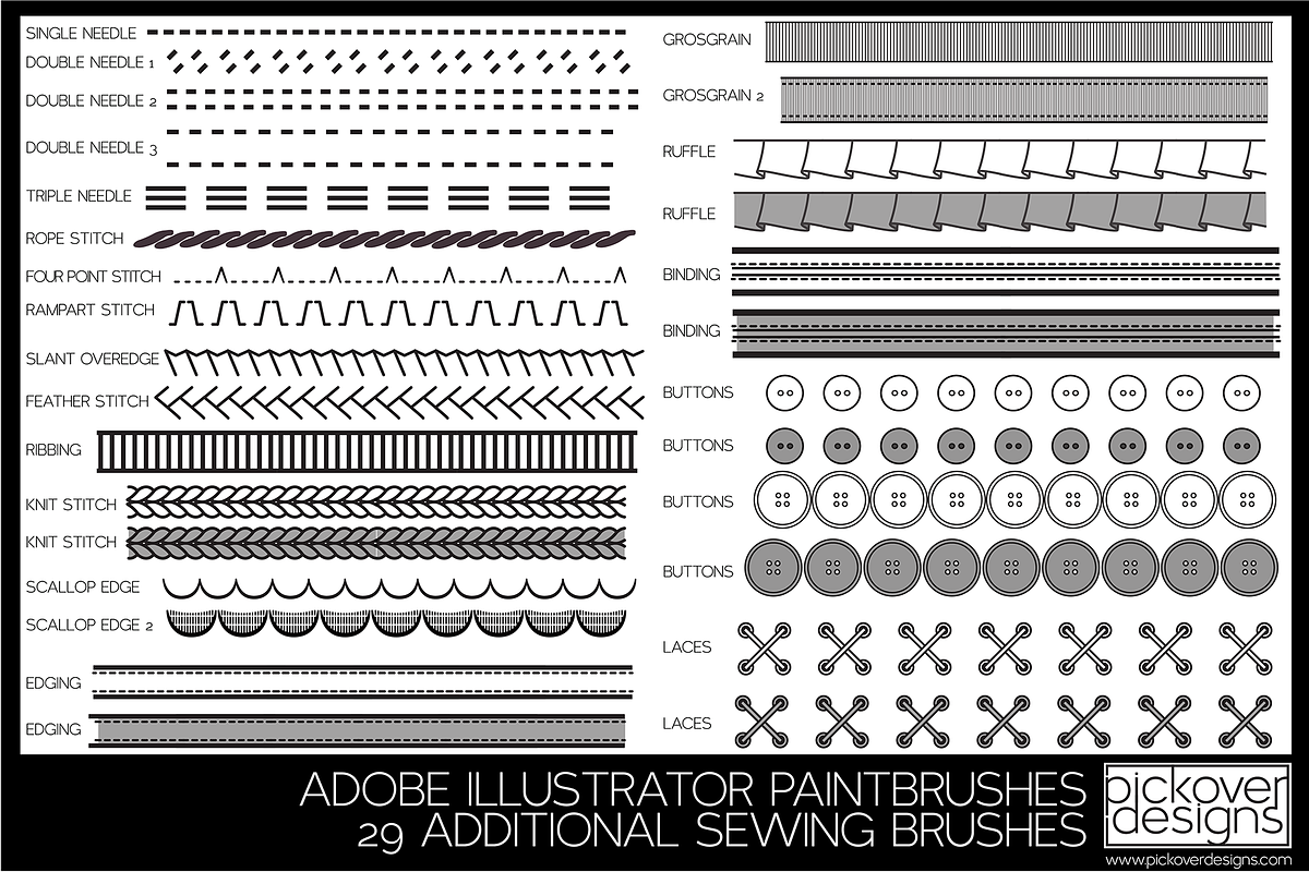 29 Add. Sewing Brushes-Illustrator, a Brush Add-On by Pickover Designs (Photo 2 of 3)