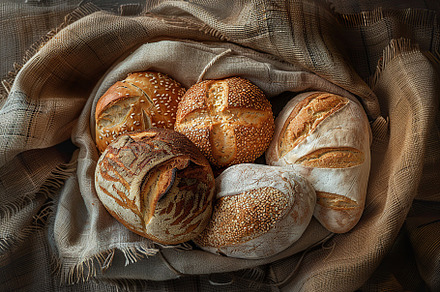 Different kinds of baked bread on burlap, a Food & Drink Photo by AlyaAnd