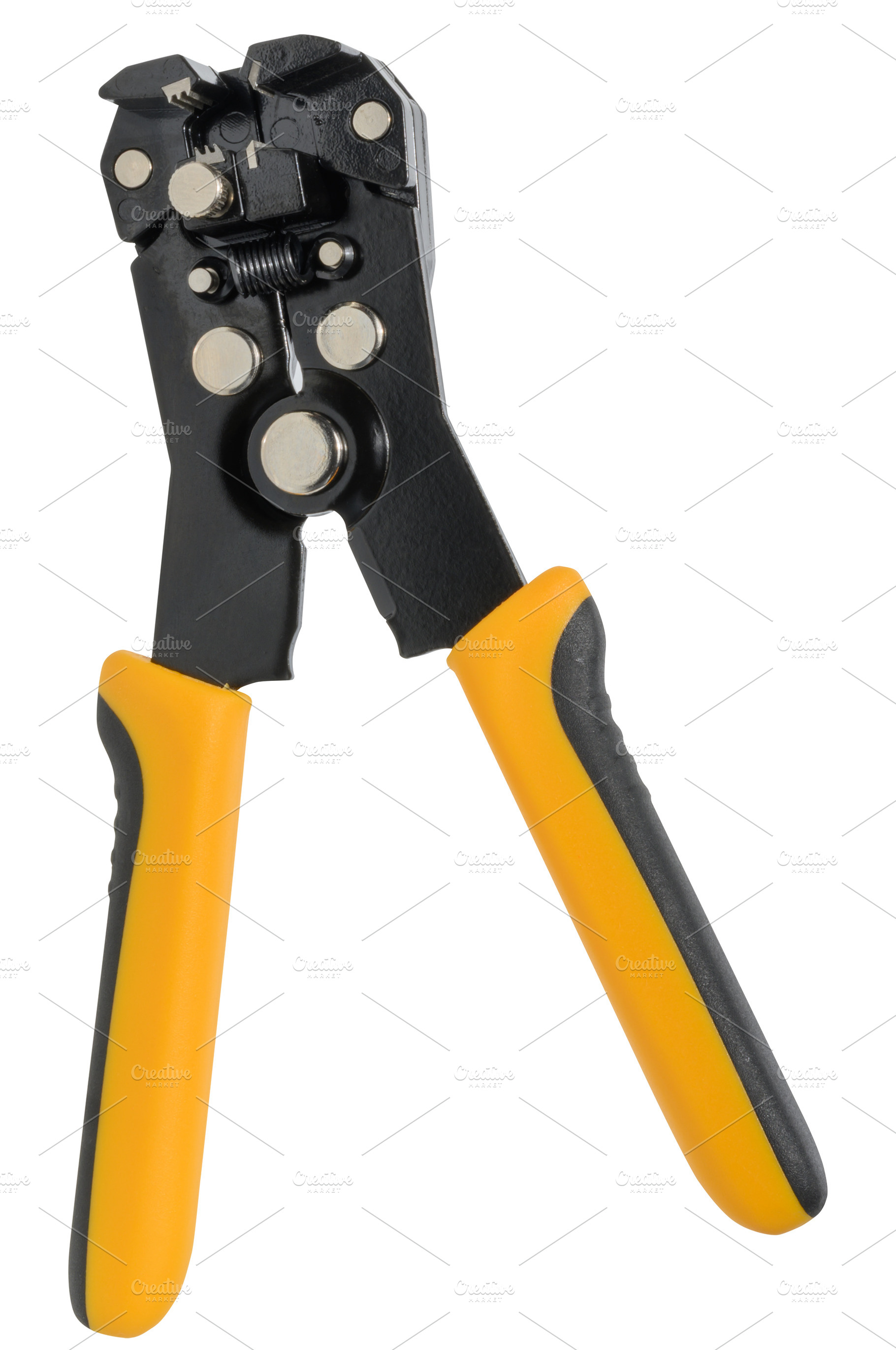Close up of hand held wire stripper tool with yellow and black h, an Abstract Photo by ndanko