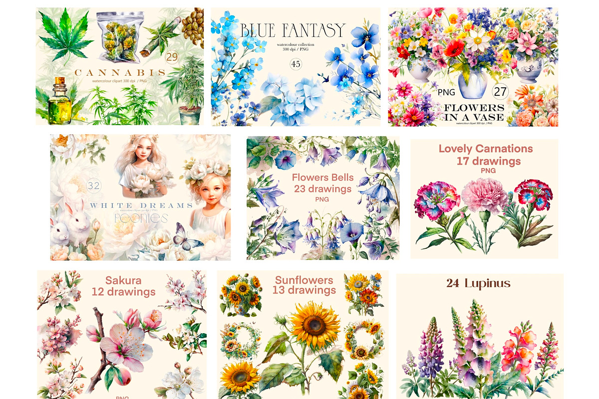 Flowers 50 cliparts, big Bundle, a Decorative Illustration by Hello My Print (Photo 3 of 10)