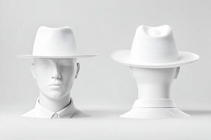 A minimalist display of a white hat mockup on a mannequin, showcasing front and, a Hat Mockup by Textures & Backgrounds