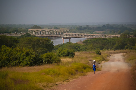 Landscape panorama view to Oti river, tributary of Volta river , and bridge, Sa