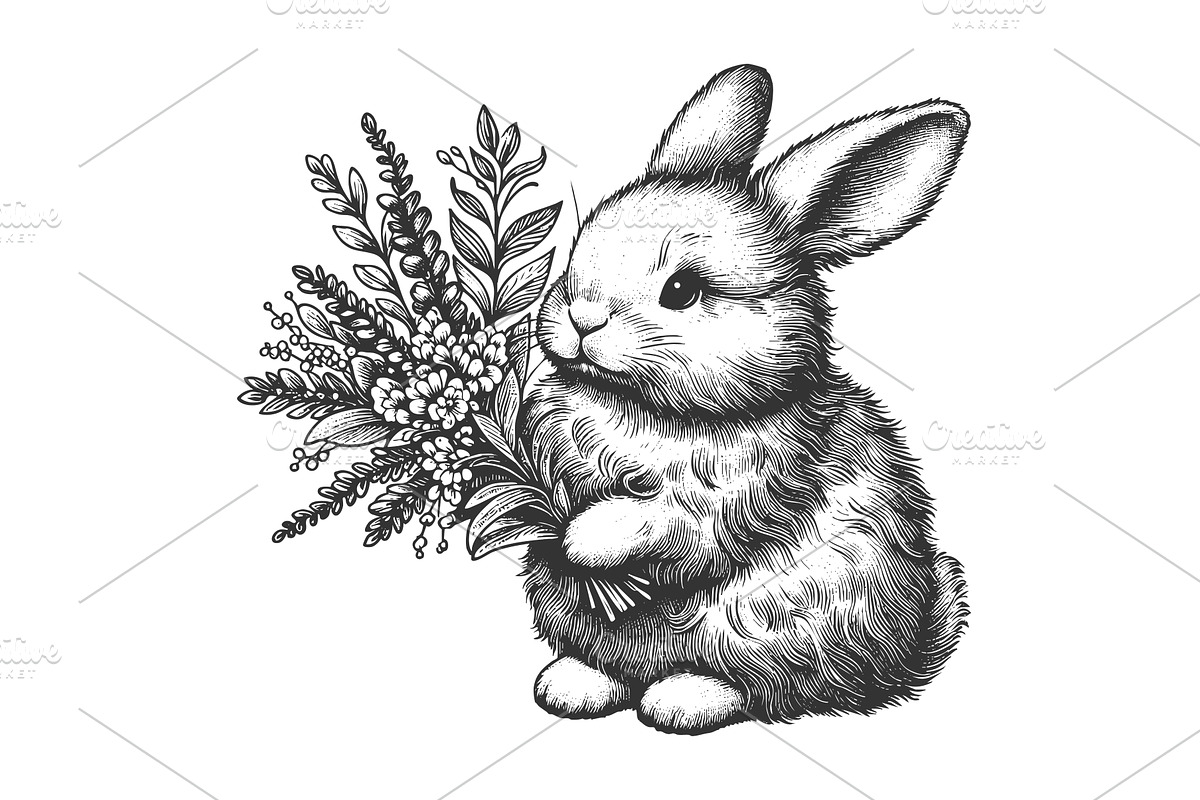 bunny holding bouquet of flowers, an Animal Illustration by AlexArt