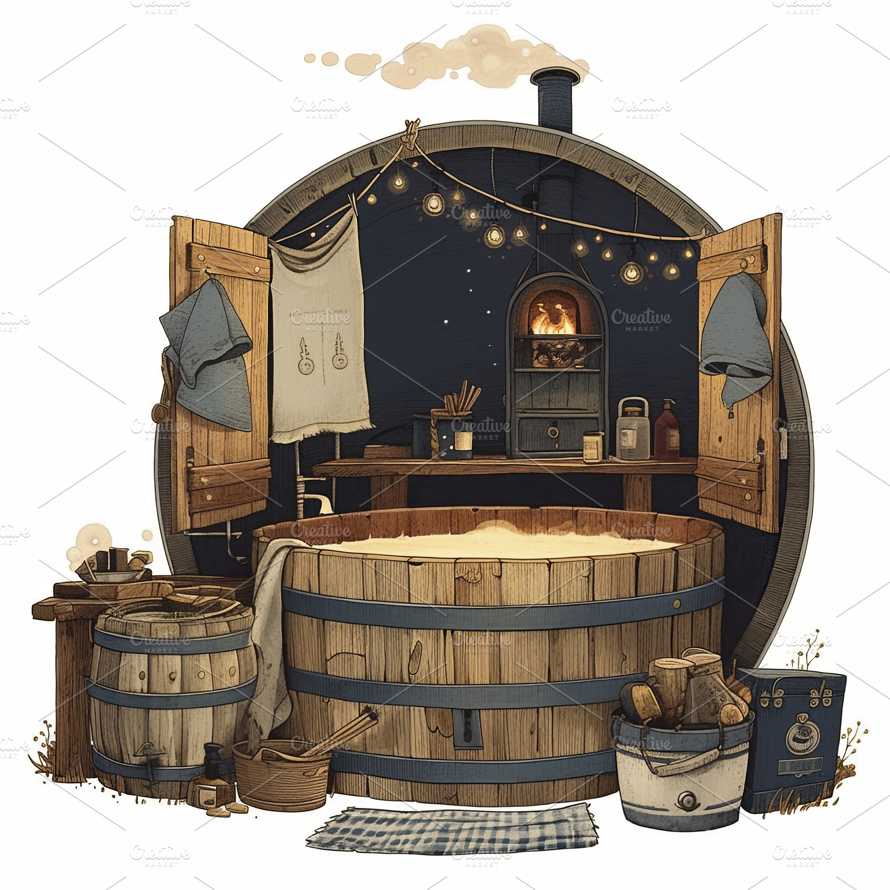 Rustic wooden barrel hot tub with a cozy and enchanting outdoor setup, a Photo by AS photostudio