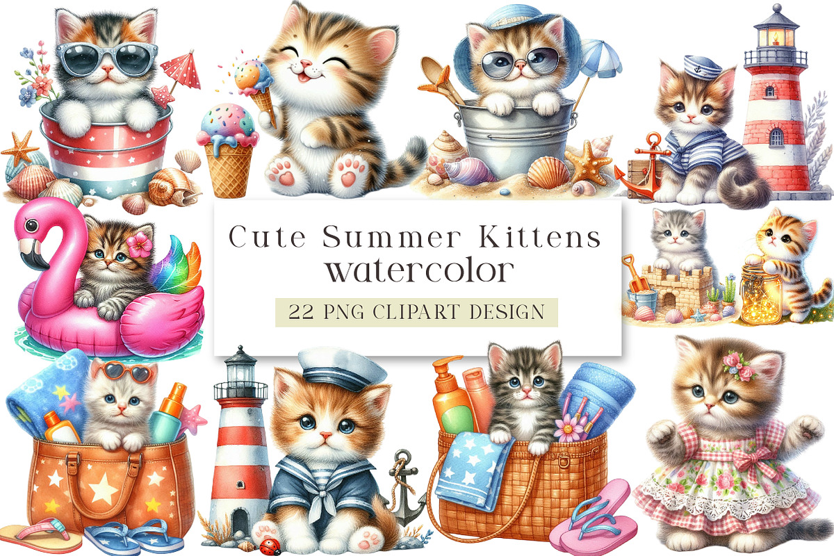 Cute Summer Kittens Clipart Bundle, an Illustration by DreamArtGraphic (Photo 1 of 4)