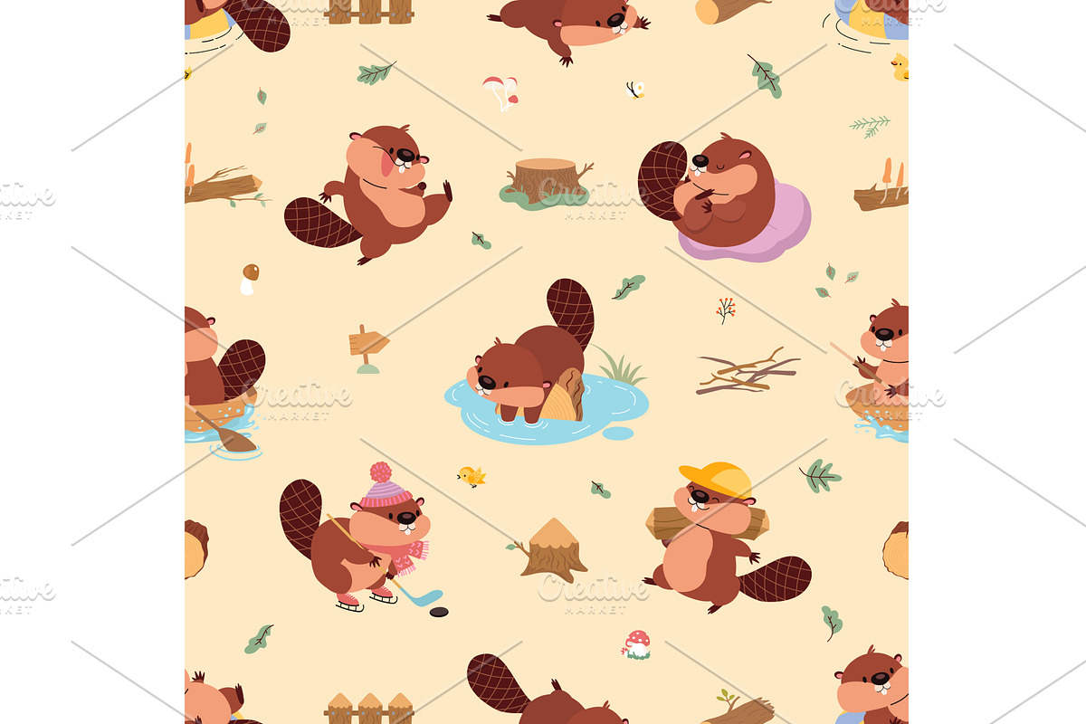 Beaver seamless pattern. Funny, an Animal Illustration by Valerie Bodnar
