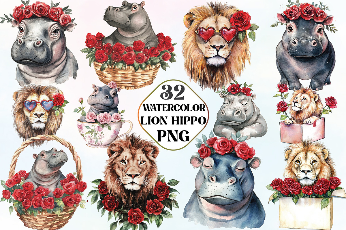 Red Roses Cute Animals Lion Hippo, an Illustration by CraftArtStudio (Photo 1 of 6)