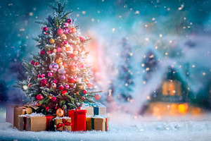 Christmas tree with gifts under the snow and house background, a Holiday Photo by Davizro's Market