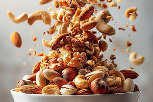 A captivating display of mixed nuts, including almonds, cashews,, a Food & Drink Photo by ImageMir